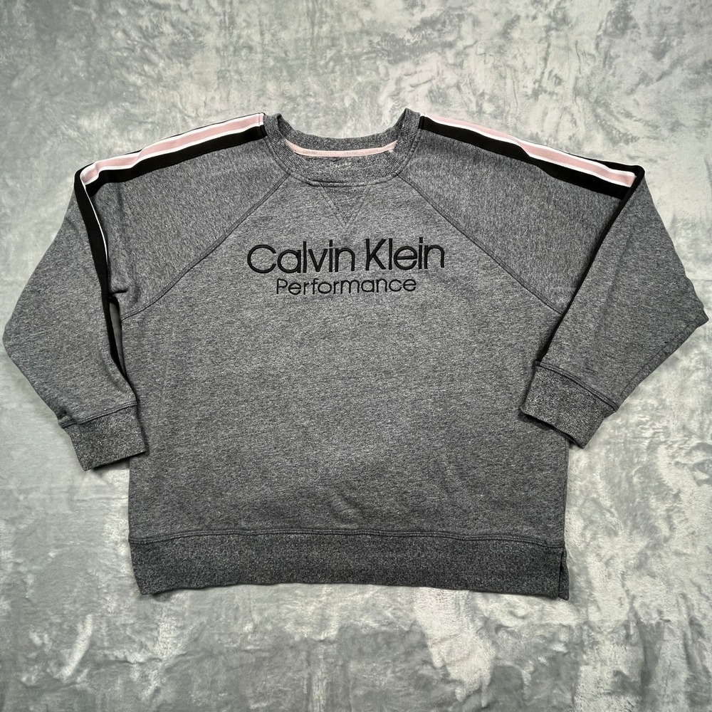 Calvin Klein Performance Sweatshirt Womens Gray Logo Stripe Raglan Pullover M